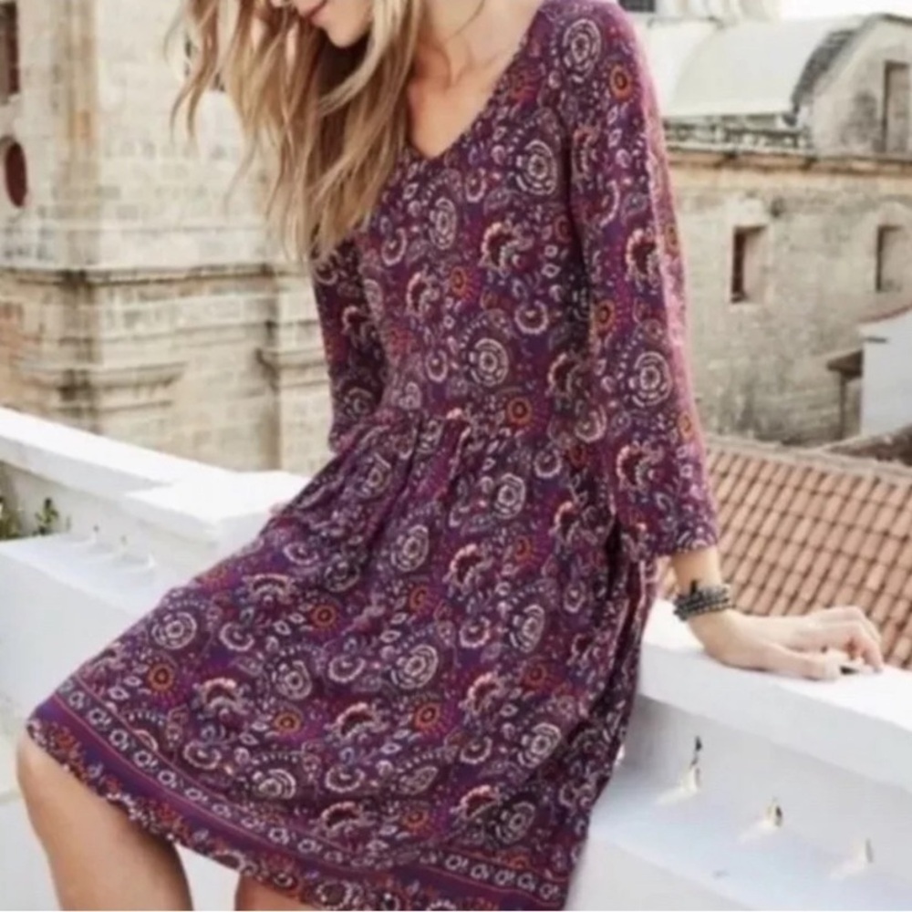 GARNET HILL Dress Floral Paisley Print 3/4 Sleeves Drop Waist Purple Size 14